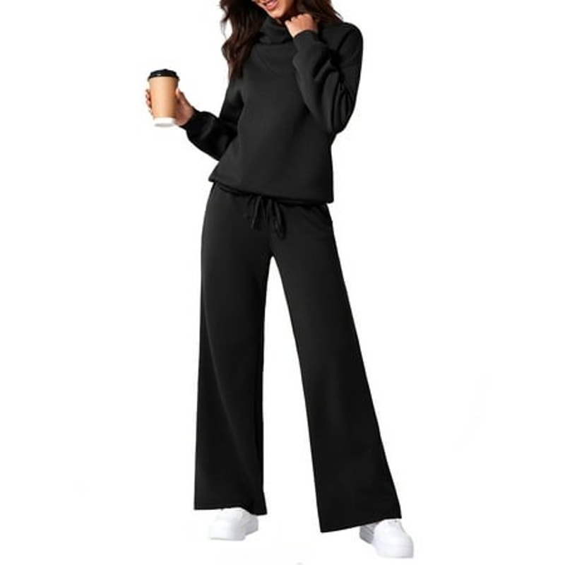 Nwt ~ Women's 2pc Black Cowl Neck L/S Activewear Loungewear Outfit Set ~ Large